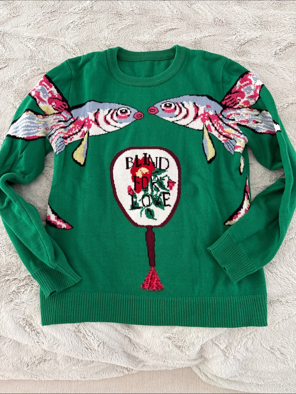 Green knit Sweater with Fish & 'Blind for Love' Motif size small